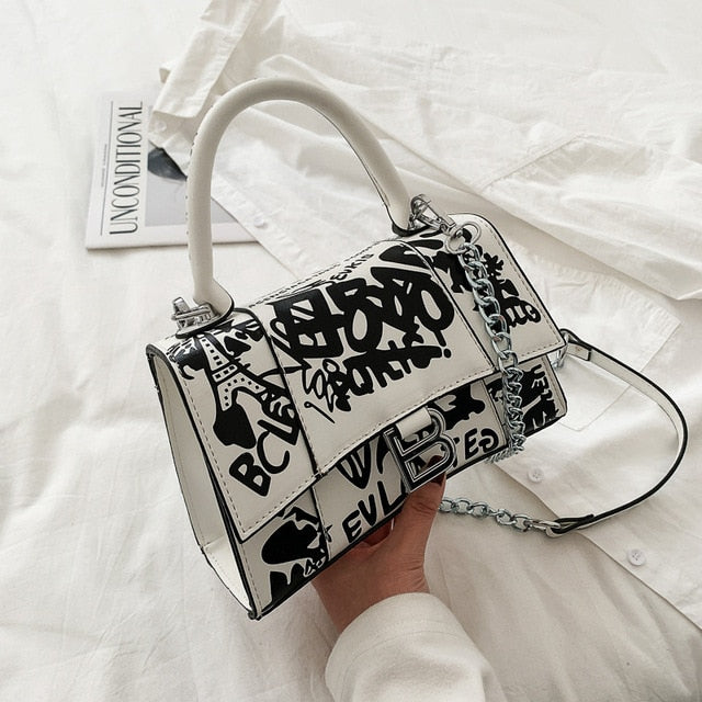 BALENCIAGA Calfskin Graffiti Hourglass Top Handle Bag XS Black White 464997