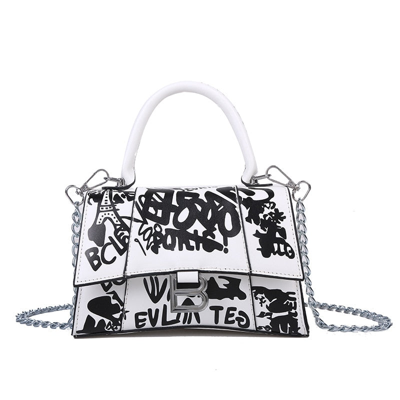 BALENCIAGA Calfskin Graffiti Hourglass Top Handle Bag XS Black White 746106